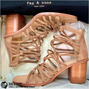 RAG & BONE CAMILLE MACRAMÉ SUEDE HIGH-HEEL STRAPPY SANDALS IN CAMEL SIZE 8, 9.5